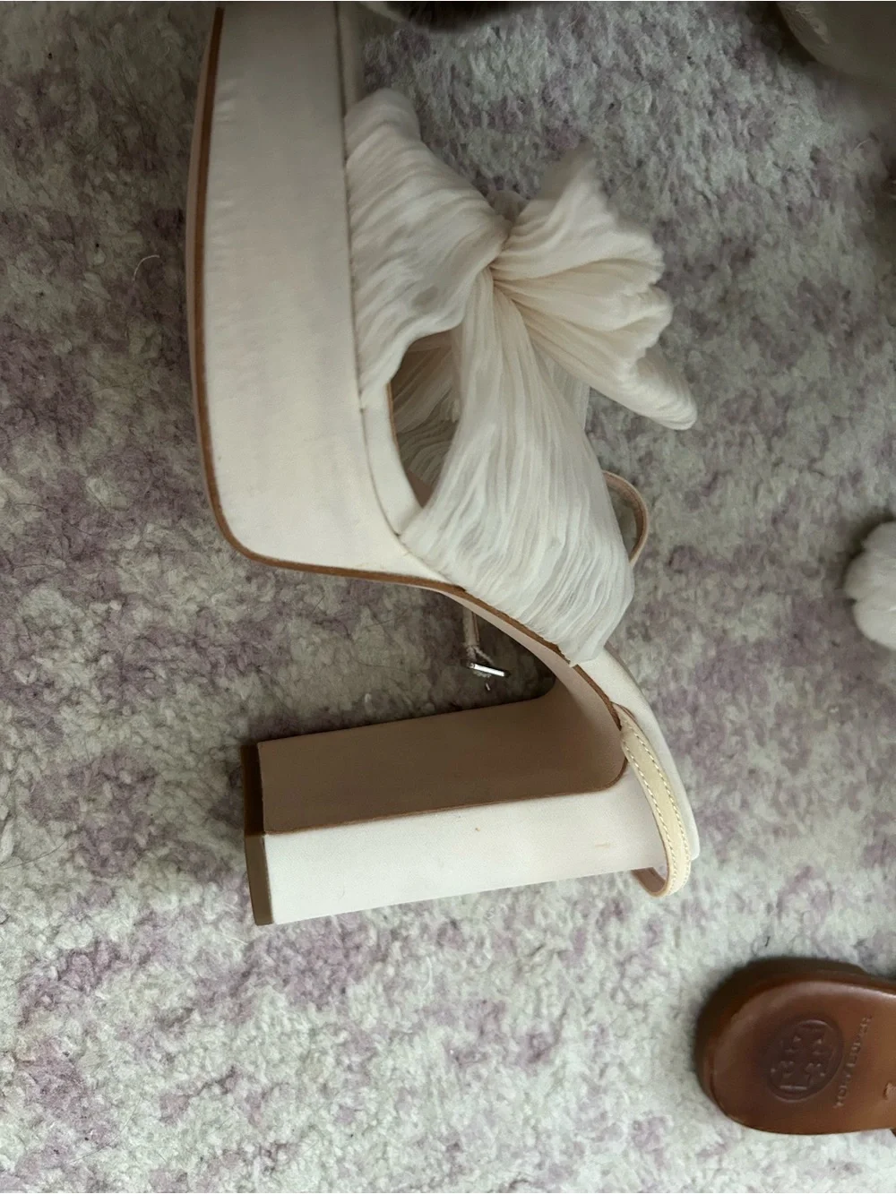 Loeffler Randall Cream Knotted Bow Block Heel Sandals